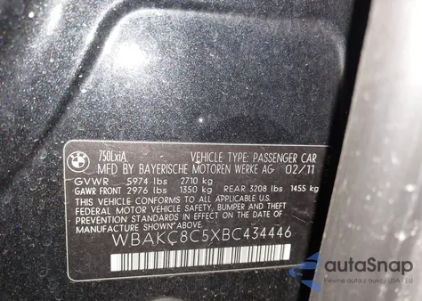 2011 BMW 750Li xDrive z USA, uszkodzony, nr VIN WBAKC8C5XBC434446